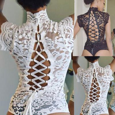 Women Fashion Lace Bodysuit With Super Sexy Cross On The Back High Neck Thong Briefs