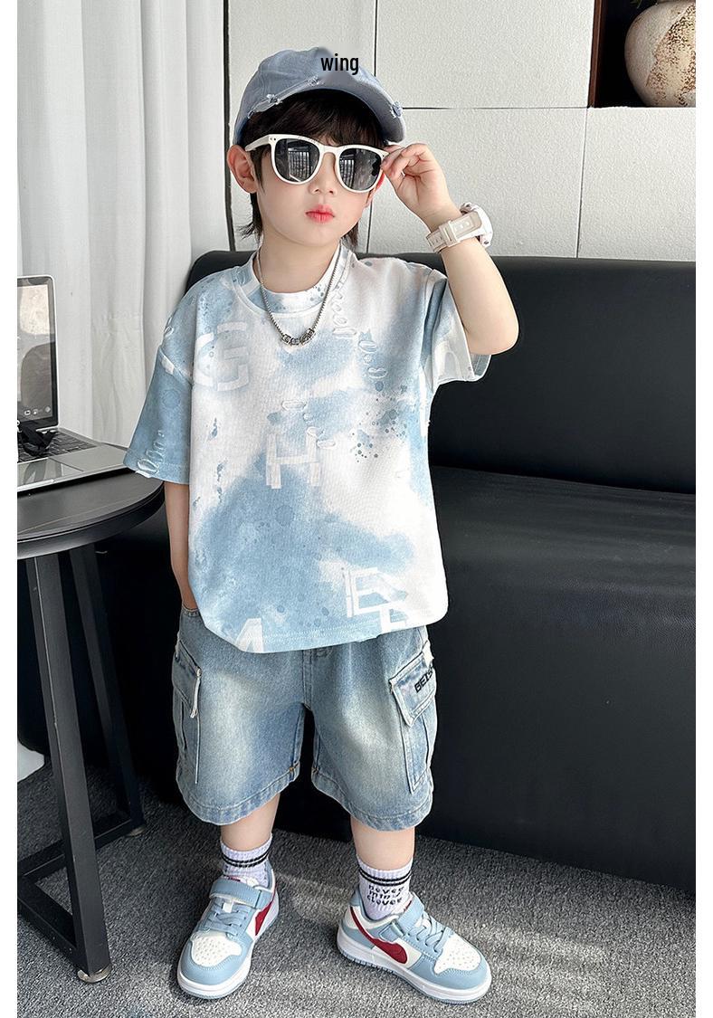 2026 Boys Korean Style Tie-Dye Letter Ripped Denim Shorts Set - Trendy Summer Two-Piece. 120 cm