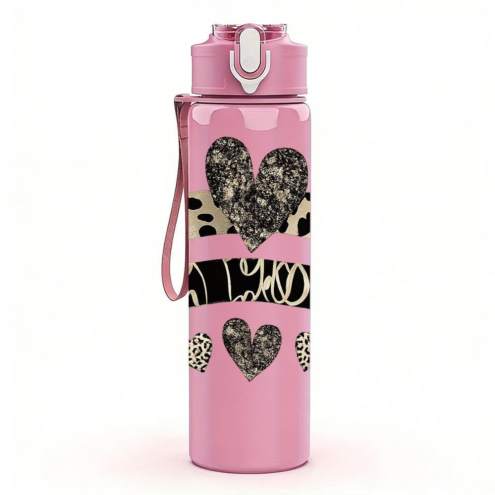 1PC Leopard Bow Heart Ribbon Print 750ml Color Plastic Sports Water Bottle Leakproof Flip Straw Lid Suitable for Sports Office Home Use
