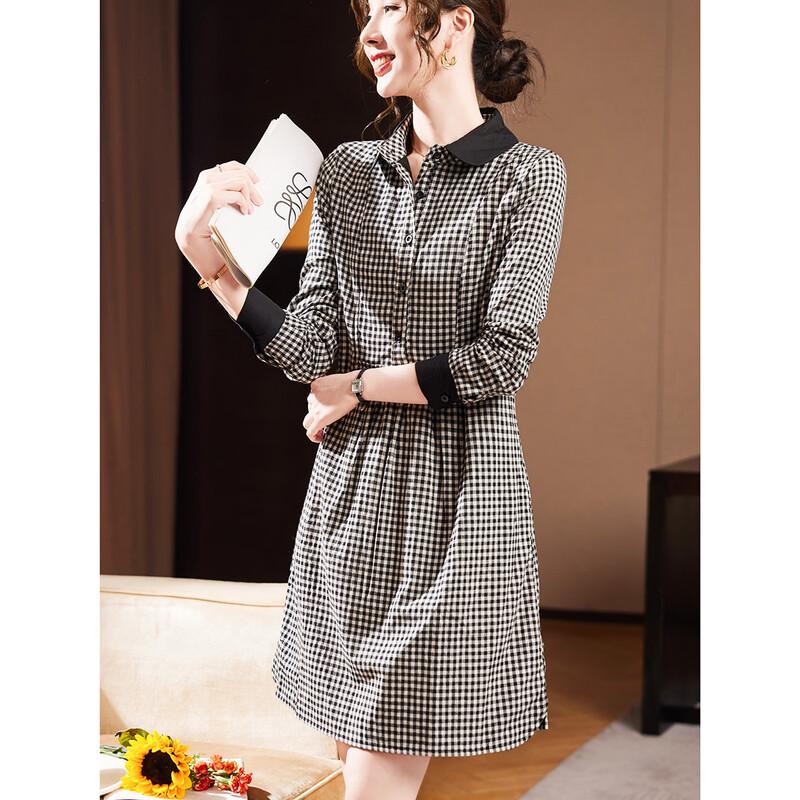 D.F.DEAR Women's Houndstooth Lapel A-Line Long Sleeve Dress