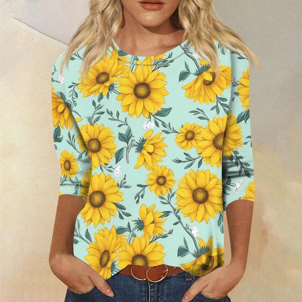 Women's Fashionable Casual Round Neck Three-Quarter Sleeve Printed T-Shirt Top