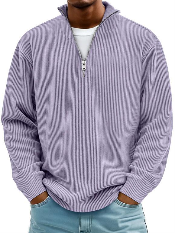 Men's Corduroy Long Sleeve Polo Shirt with Stand Collar & Zipper, Casual Fall Winter Pullover Sweatshirt