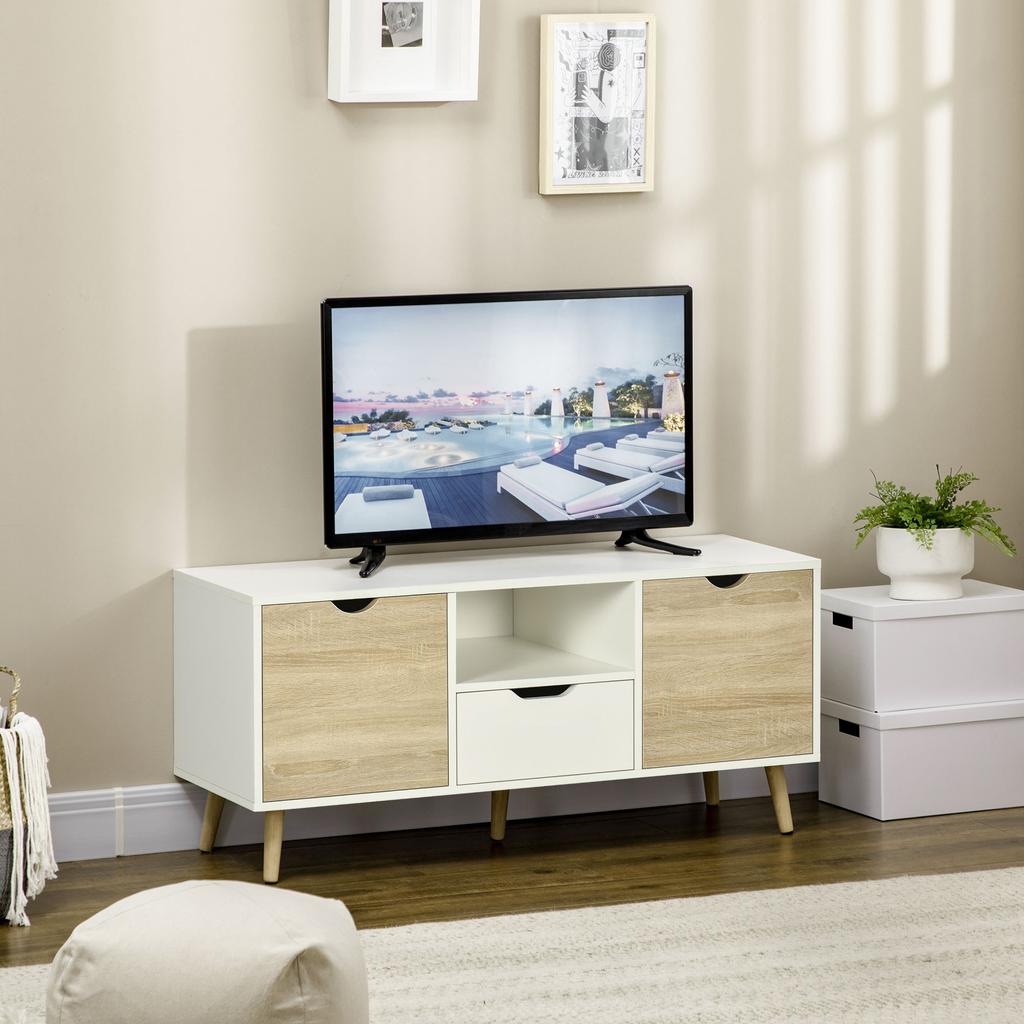 TV Unit Cabinet for TVs up to 50 Inches, TV Stand with Storage Cabinets and Drawer for Living Room and Bedroom, Natural