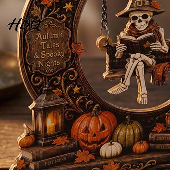 Crescent Moon Ghost Ornament Swinging On Halloween Decoration Spooky Reading Ghost/Skeleton Wooden Bookshelf Unique Table Centerpiece for Home Nook,