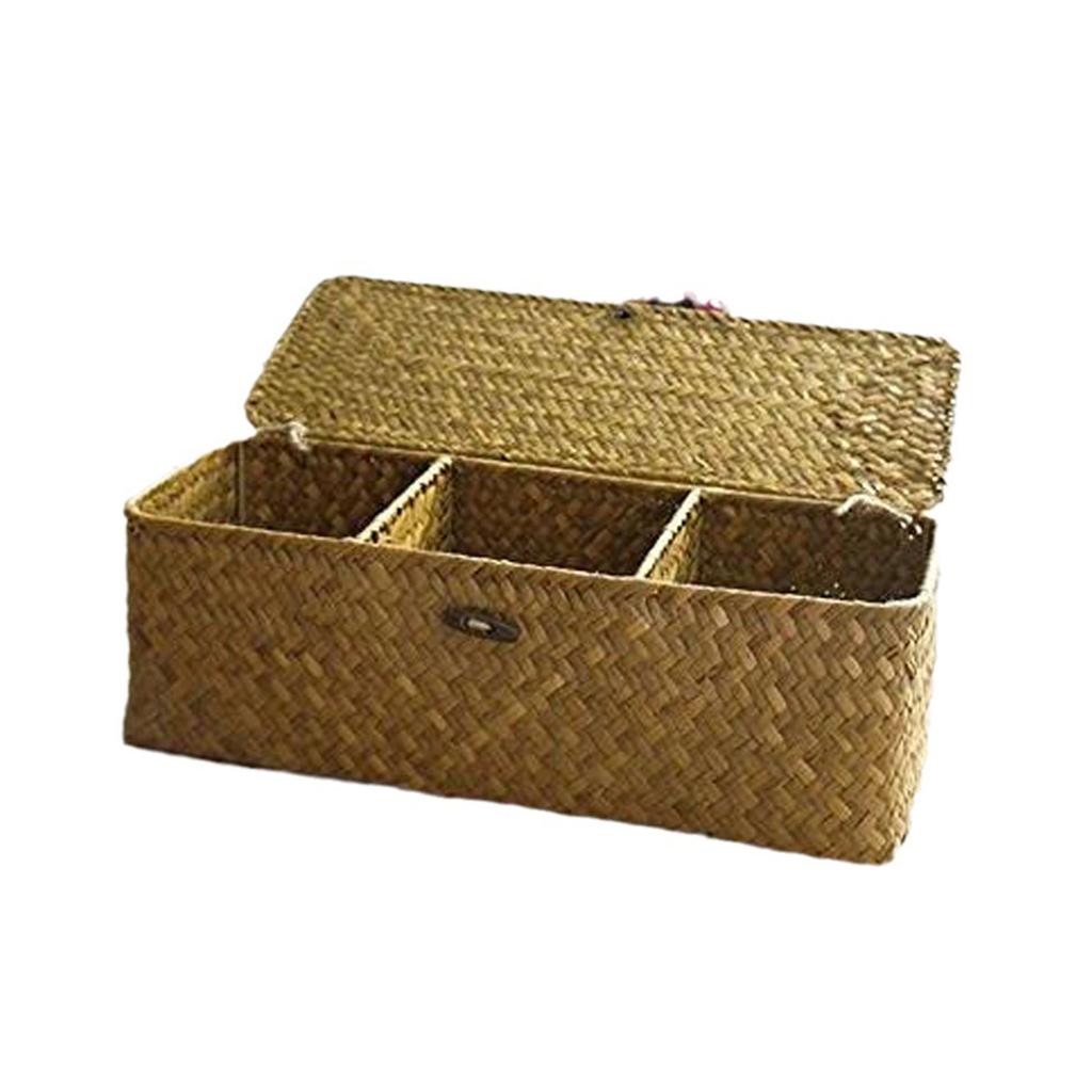 Stylish Woven Desk Storage Basket with Lid Cover Handwoven Small Item Storage Box Organiser Case for Bathroom Toilet