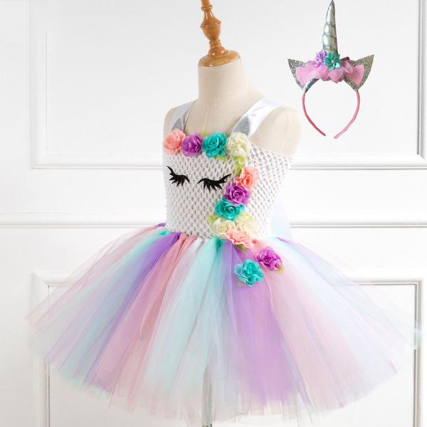 Flower Girls Kids Rainbow Tutu Dress Cartoon Hair Hoop Set Cosplay Party Costume