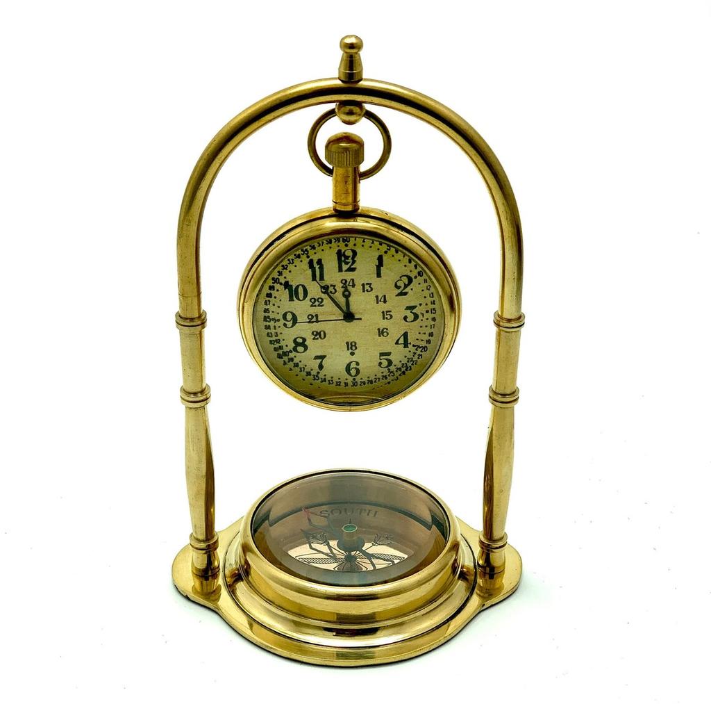 Antique Design Nautical Clock with Compass Victoria London Solid Brass Table Top Decor Clock with Compass Antique Gold Colour Clock