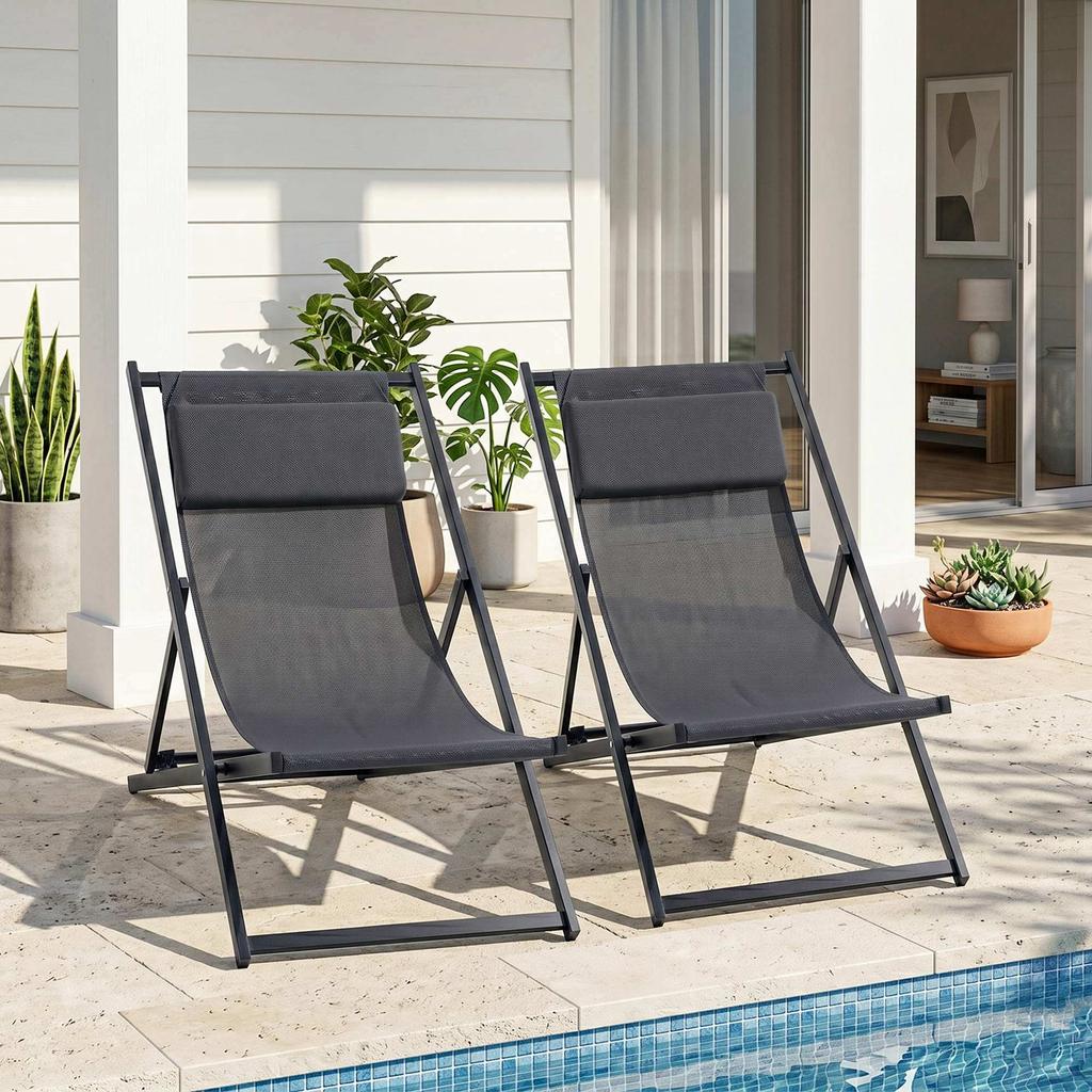 Sun Loungers, Set of 2, Folding Aluminum, 5-Position Backrest, Headrest, 60 X 100 X 85 Cm, Grey