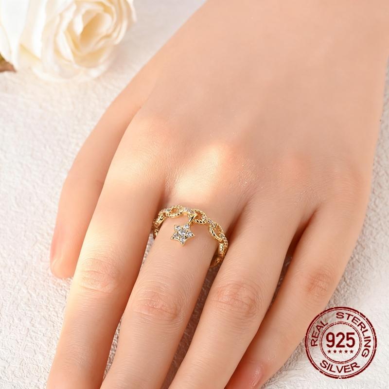 Original 925 Sterling Silver Golden Star Chain Rings for Women Girls Jewelry Birthday Anniversary Gifts