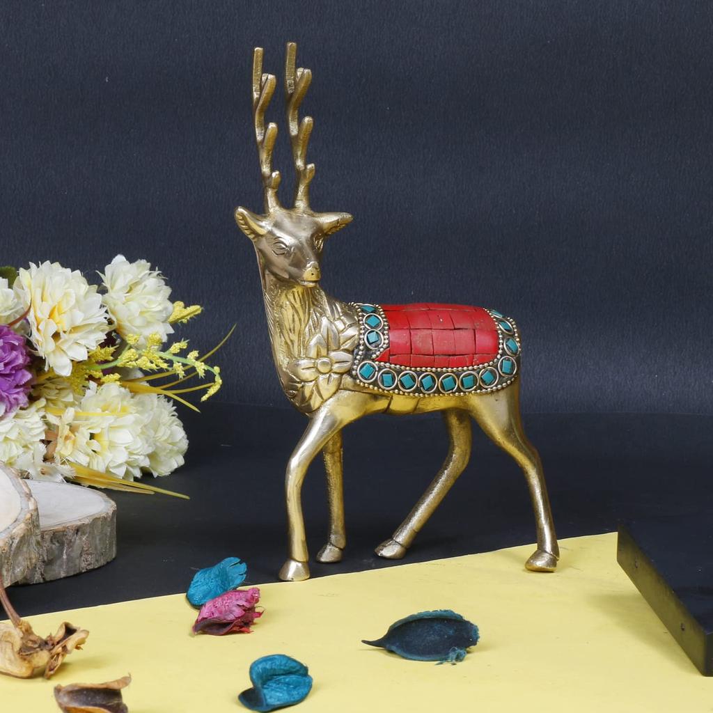 Pure Brass Multicolor Deer Statue, Home Decor, Decorative Showpiece - 7 Inch