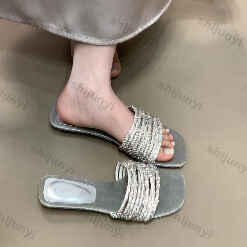 Women's One Word Slippers Summer New Outdoor Rhinestone Square Toe Sandals Luxury Comfortable Lightweight Casual Shoes