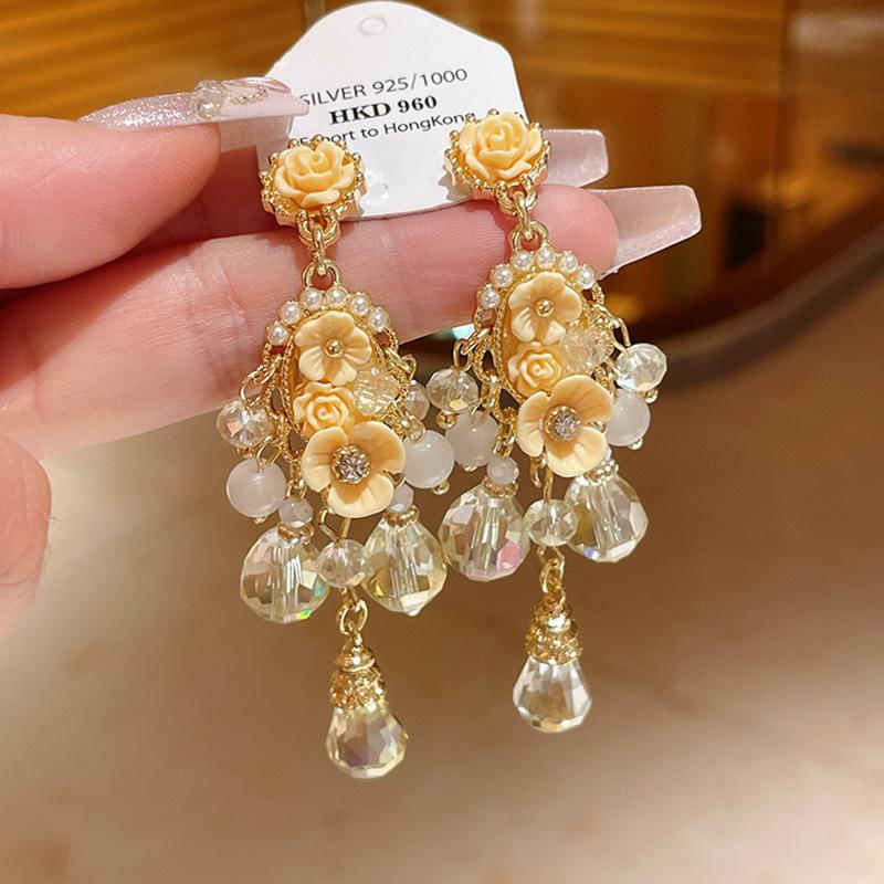Silver Needle Flower Diamond Pearl Crystal Earrings Korean Light Luxury Tassel Earrings Sweet Mori Versatile Earrings Women