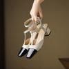 Fashion Size 34-40 Women Sandals Genuine Leather T-Strap Square Toe High Heel Summer Shoes 2025 Ins Vintage Office Daily Heels Women