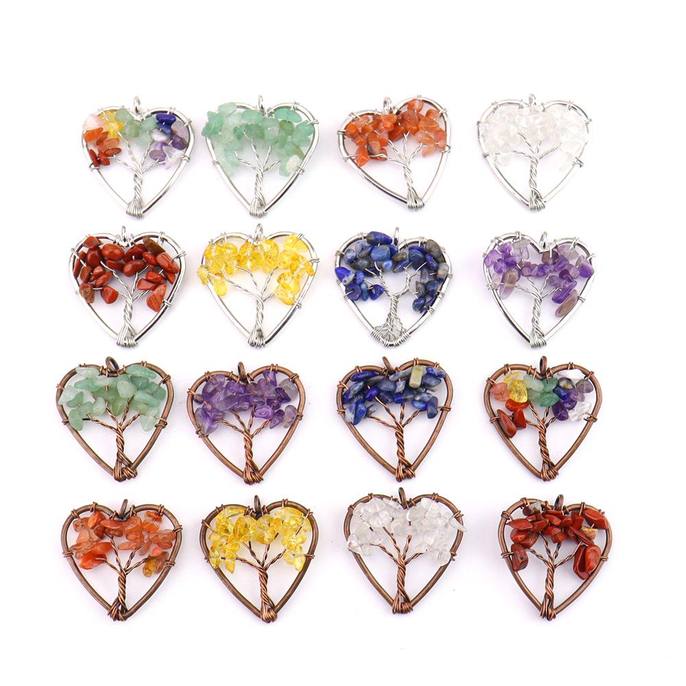 Seven-Color Natural Crystal Tree of Life Heart Pendant Necklace N743