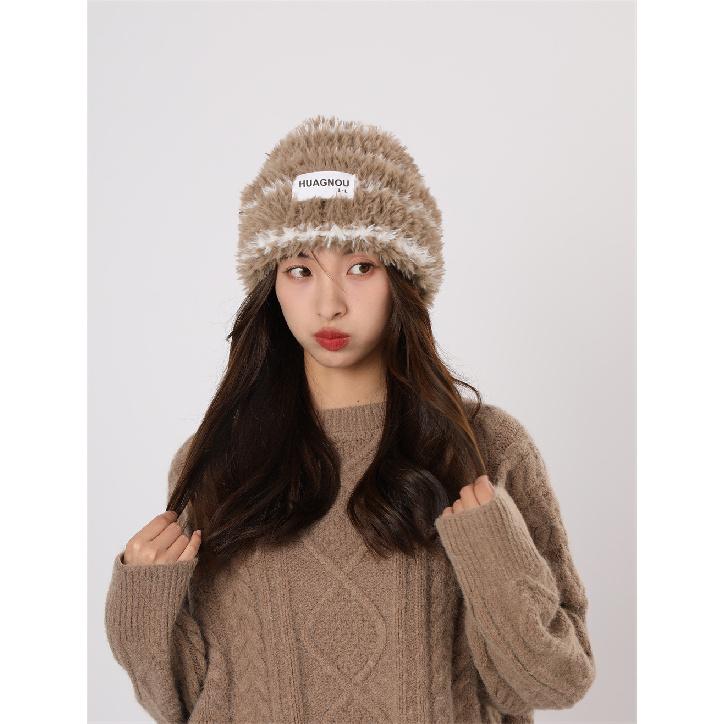 

Осенне-зимняя женская японская полосатая плюшевая шапка с имитацией кроличьей шерсти, теплая шерстяная шапка корейской версии с большой головой и талией, мохнатая шапка one size