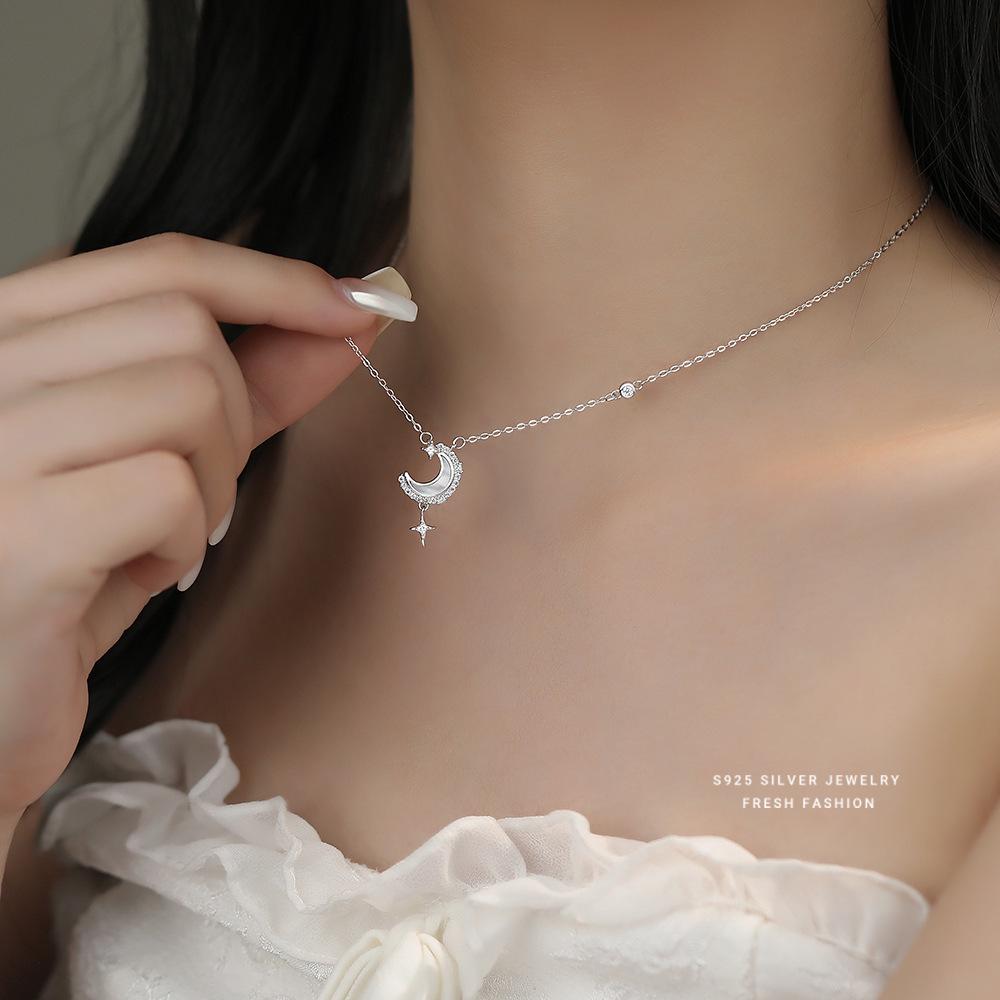 Sterling Silver S925 Star & Moon Necklace with Micro-Paved Stones and White Shell Pendant - Luxurious Valentine's Day Gift