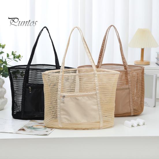 Beach Bag Large Capacity Summer Travel Mesh Tote Bag with Large Pocket Sand-proof Woven Shoulder Handbag