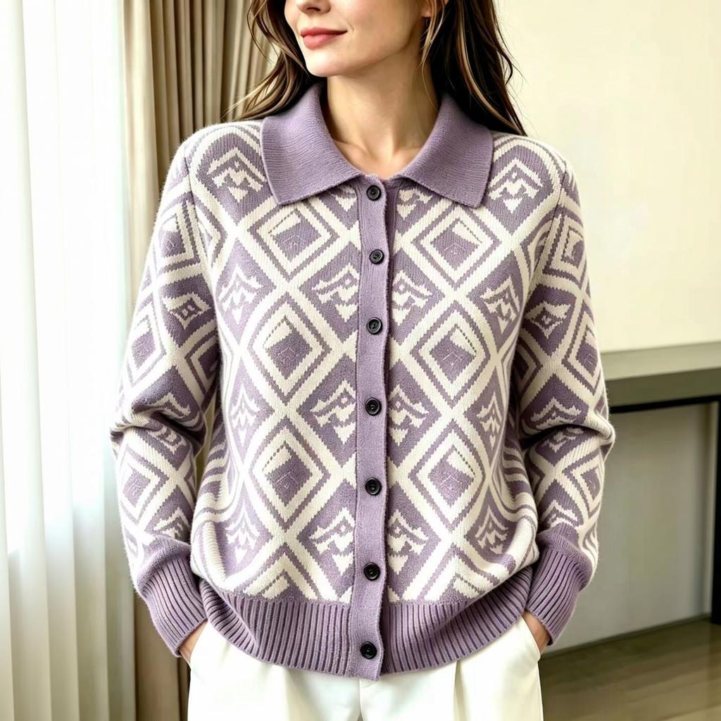 Women's Casual Loose Fit Plaid Cardigan Sweater with Collar Long Sleeve Fall Winter