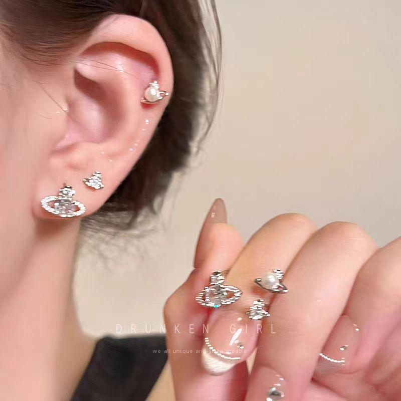 Queen Mother West Planet Zircon Pearl Stud Earrings Women'S Earrings Exquisite Earrings Light Luxury High-End Ear Jewelry