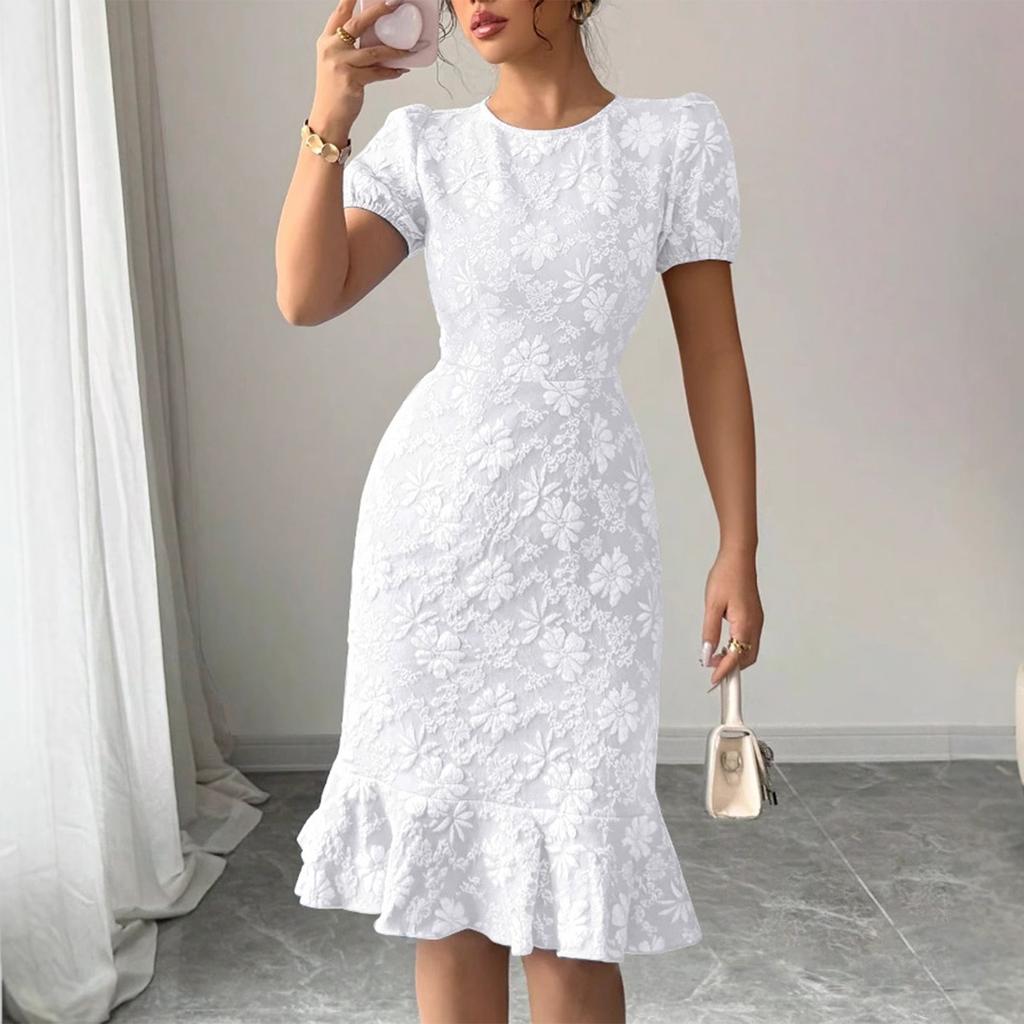 Women's Fashionable Printed Short Sleeved Round Neck Slim Fit Hip Hugging Dress