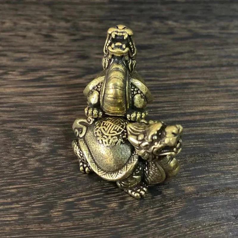 Lucky Animal Statue Desktop Ornament Decors Retro Brass Mythical Beast Dragon Head Turtle Body Figurines Miniatures Heavy Copper