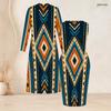 Women Plus Size Geometric Printed Two Piece Set Long Sleeve Open Front Cardigan Sleeveless Bodycon Dress