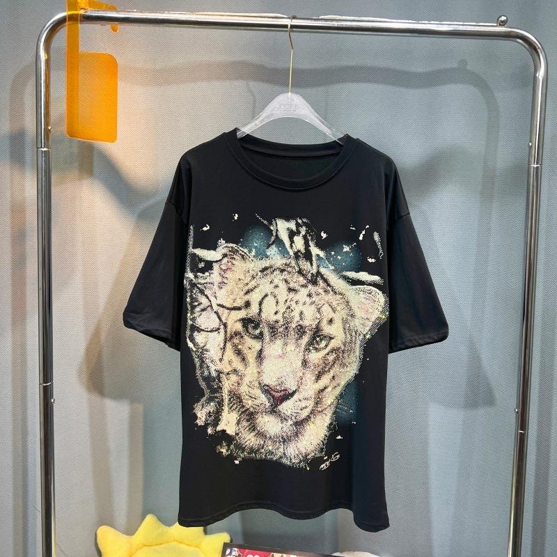 Women's Heavy Industry Tiger Diamond Embossed T-shirt with Short Sleeves Round Neck and Loose Top
