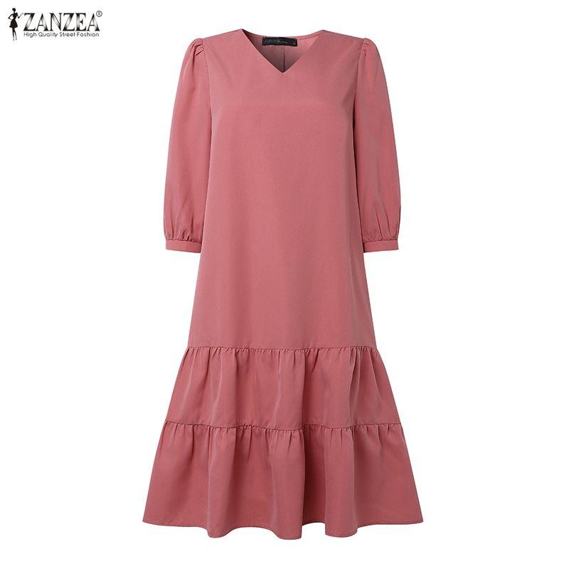 ZANZEA Women Casual V-Neck Solid Color 3/4 Sleeve Loose Dress