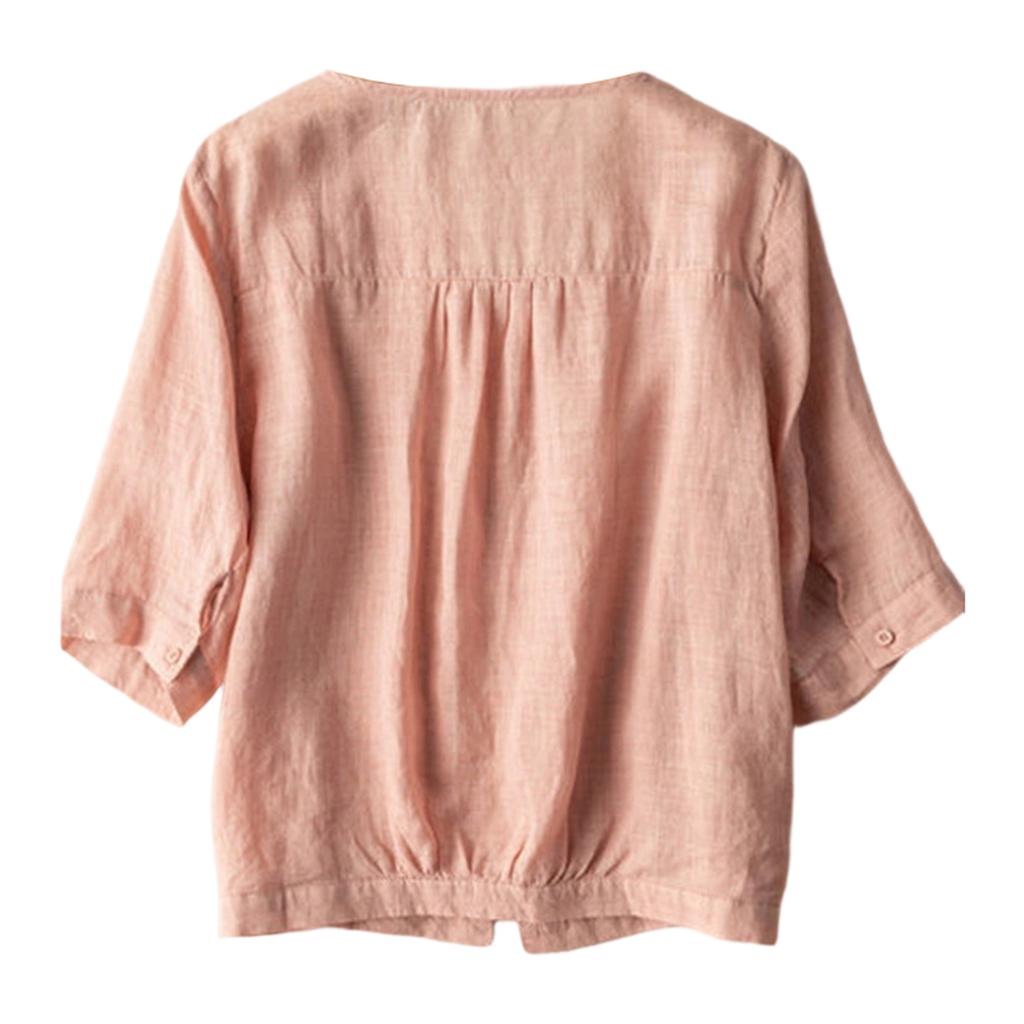 Leichte Retro-Bluse für Damen mit V-Ausschnitt, locker, aus Leinen-Baumwolle, mit Knöpfen