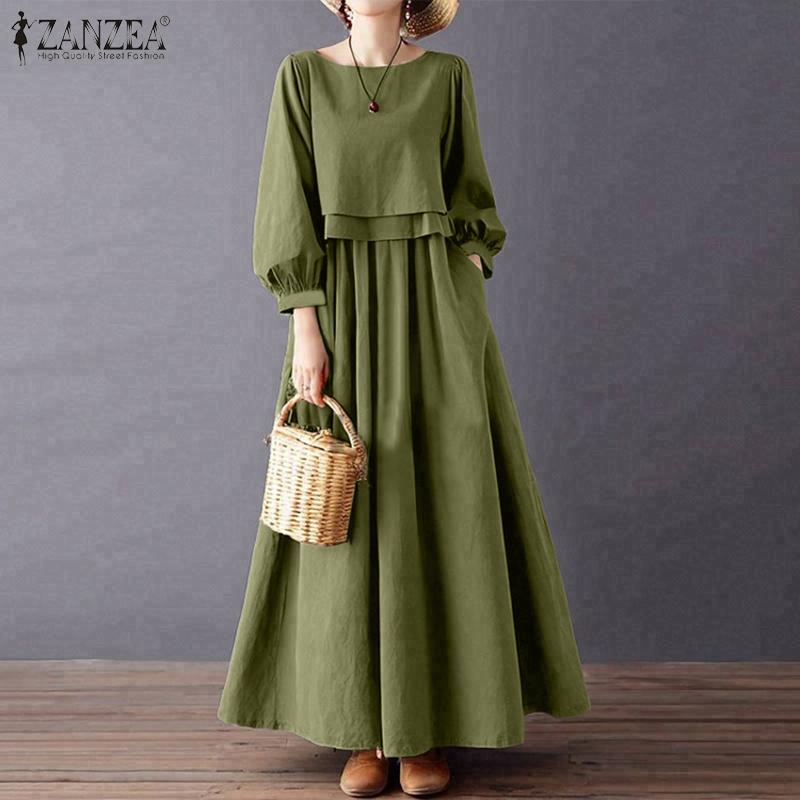 ZANZEA Dámské ležérní šaty s kulatým výstřihem, volné, jednobarevné, s dlouhým rukávem, dlouhé