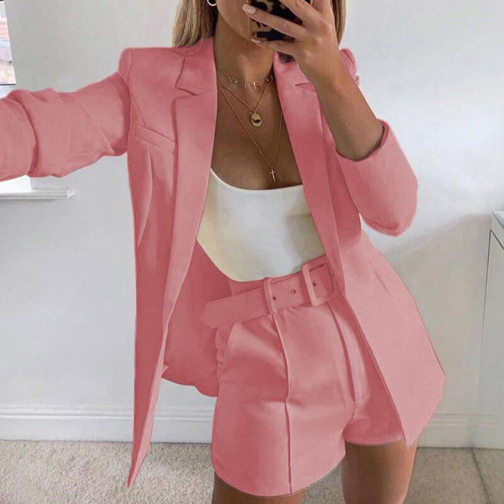 Women's Slim Fit Two Piece Suit Lapel Long Sleeve Blazer High Waist Belted Short Co-ord Outfit Set