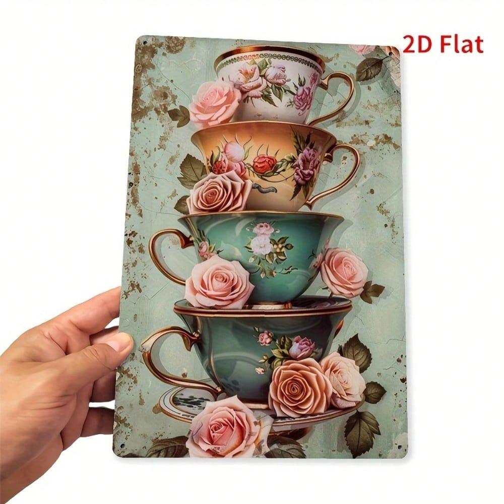 Vintage Floral Metal Wall Art Teacup Decor for Home Cafe