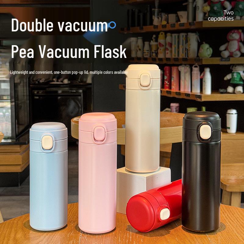 Cute Stainless Steel Vacuum Thermos with Flip-top Lid and Mini Straw - Customizable Student Gift