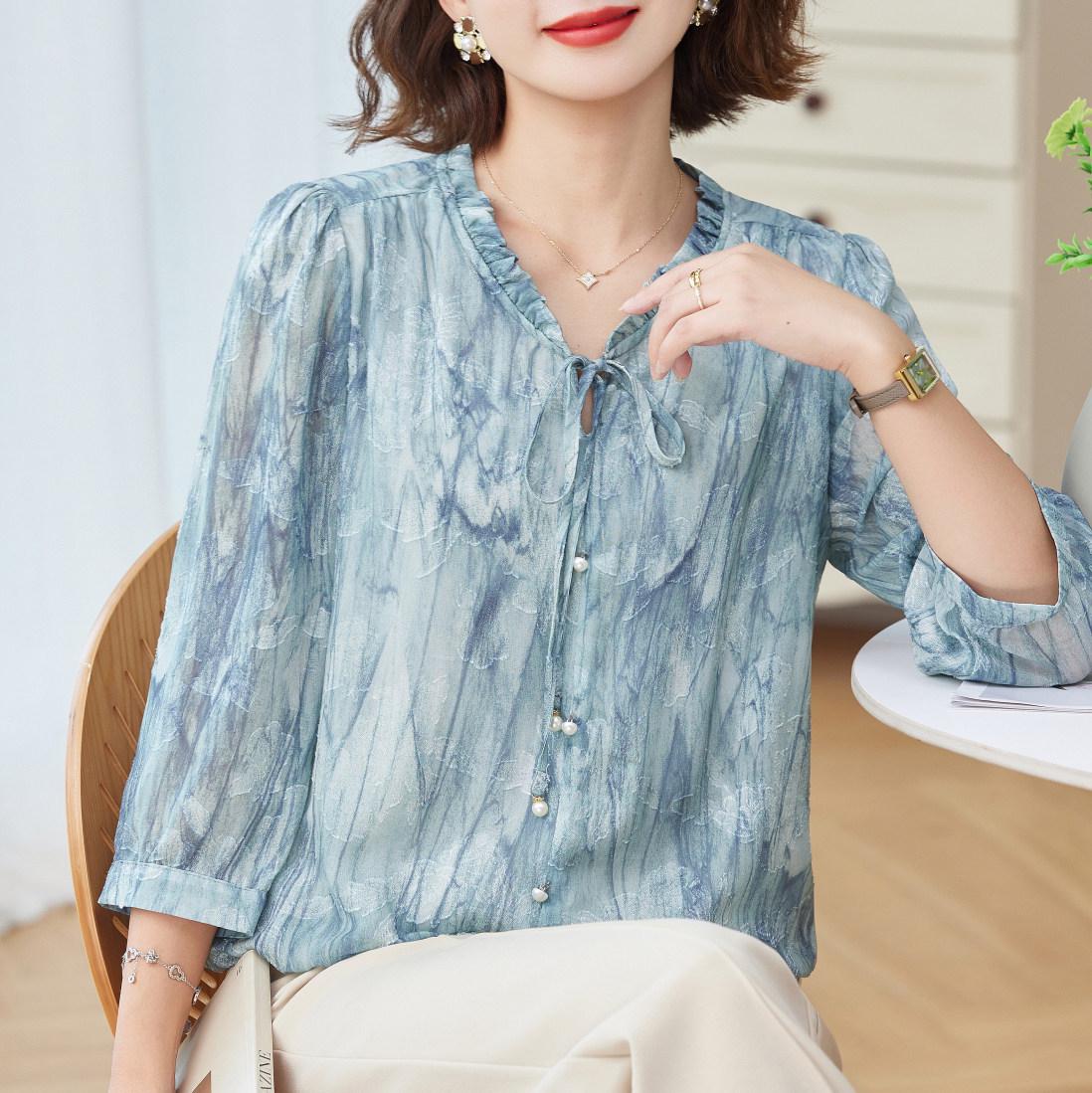 

2026 Elegant Chiffon Blouse with Gauze Sleeves for Middle-Aged & Seniors - Perfect for Spring, Summer, Early Autumn L - for 90-105 jin синий