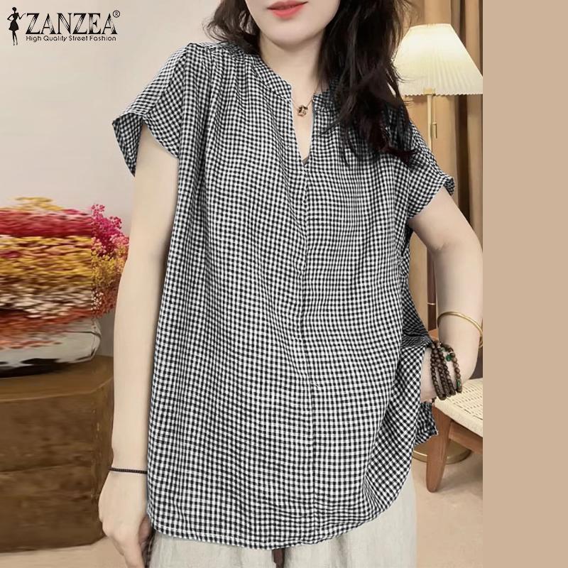 ZANZEA Bluză de vară pentru femei cu gât în V, fără mâneci, casual, retro, cu imprimeu carouri