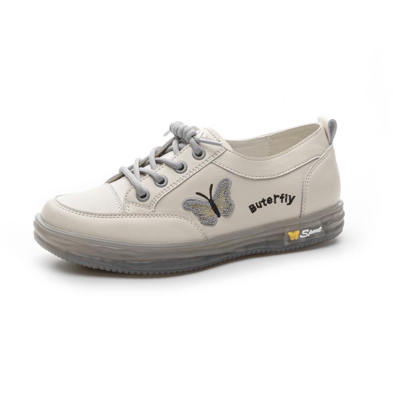 Women's White Leather Slip-On Sneakers - Spring/Autumn, Soft Sole, Butterfly Design, Casual Flats, Plus Sizes Available