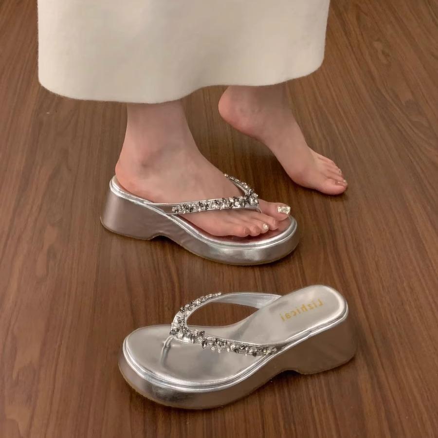 French Gao Grade Wedge Heel Flip-flops Shoes Women's Summer Wear with Skirt Rhinestone Muffin Bottom Cool Slippers Women