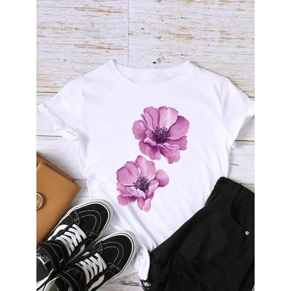 Sleeve Graphic T-shirt Women Top Print Fashion Clothing Watercolor Trend Lady Female Shirt Tee Clothes