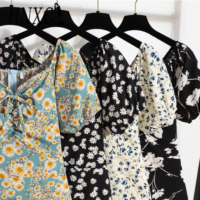 Bohemian Women Mini Sexy Dresses Summer Floral Print Pleated Ruffle Dresses Elegant Puff Sleeve Short Dress Korean Women Dress Vestidos