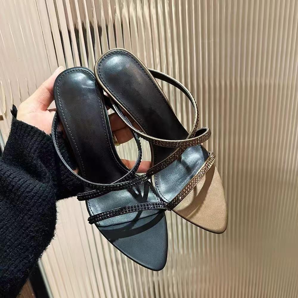 Fashion Summer New Pointy Toe Thin High Heels Slippers Women Narrow Band Luxury Rhinestone Mules Slippers Sexy Crystal Party Shoes Woman