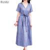 ZANZEA Women Casual V-Neck Short Sleeve Loose Grid Print Dress