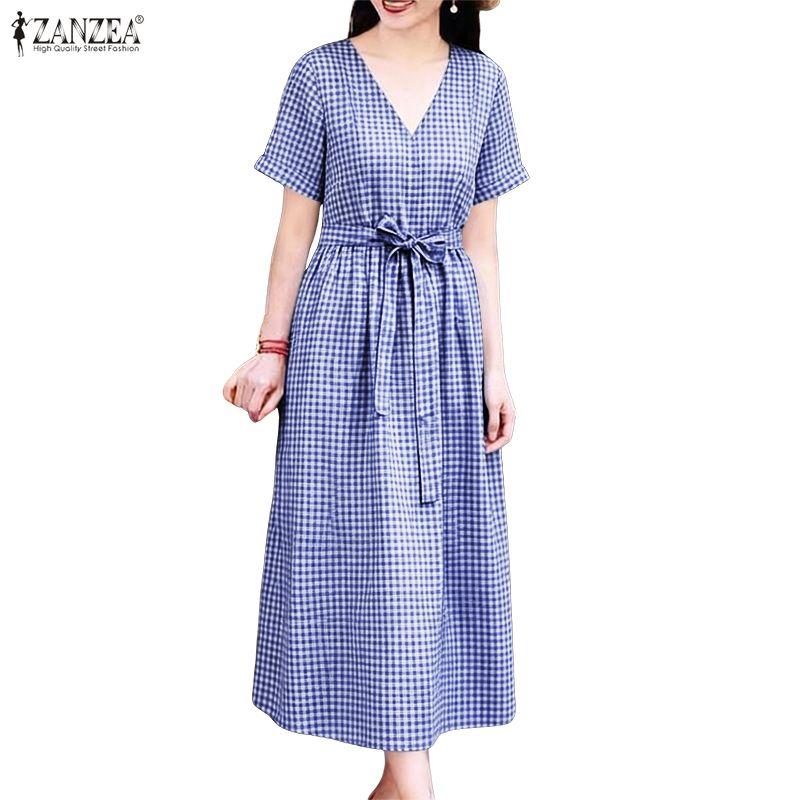 ZANZEA Women Casual V-Neck Short Sleeve Loose Grid Print Dress