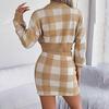 Women's 2-Piece Knit Sweater & Skirt Set Plaid Long Sleeved Crop Sweater Wrap Hip Skirt Set