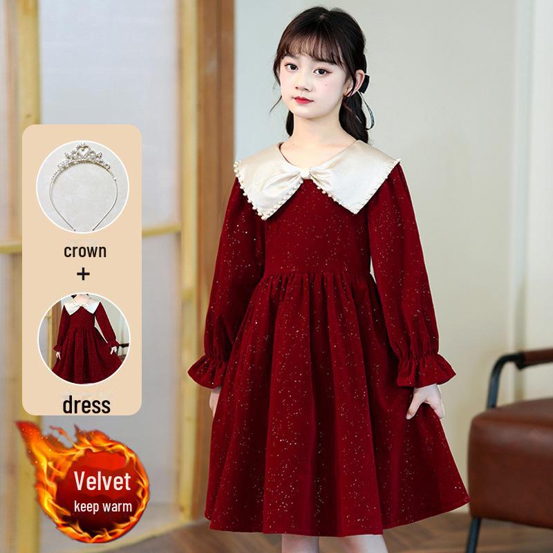 Stylish 2023 Autumn & Winter Girls' Long Sleeve Princess Dress with Velvet