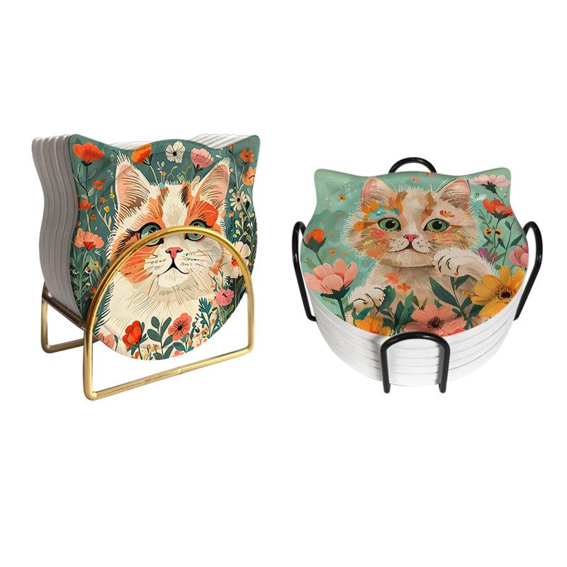 Cat Ceramic Coasters Cork Bottom Coffee Coaster Non-Slip Durable Heat Insulation Mats Home and Decoration Kitchen Utensils