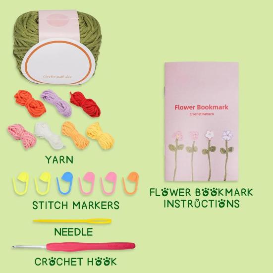 Crochet Kit for Beginners Flower Bookmarks DIY Project with 8 Rolls Extra Soft Yarn Includes Hook Stitch Marker Christmas Gifts