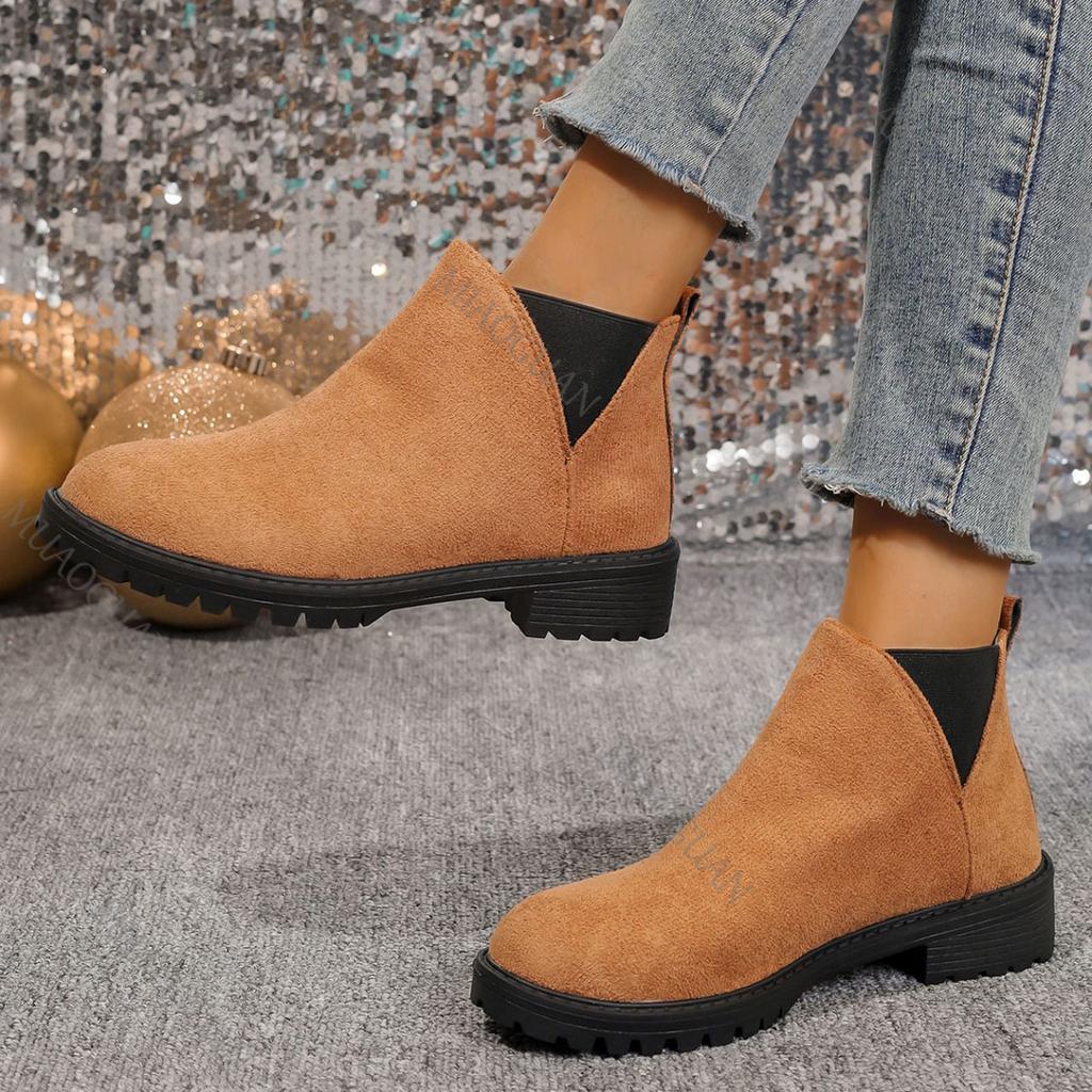 Fashion Women's Ankle Boots Suede Leather Women Round Head Thick Low Heeled Woman Shoes Casual Autumn Slip on Gladiator Bottes Femmes