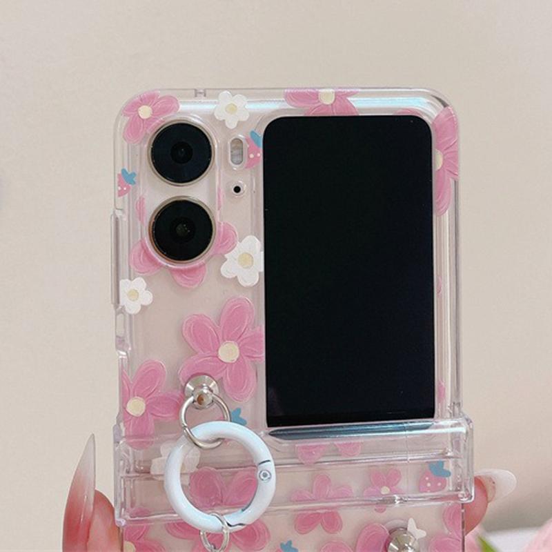 For Oppo Find N2 Flip 5G Case Flower Pattern Printing PC Phone Cover with Flower Charm Chain