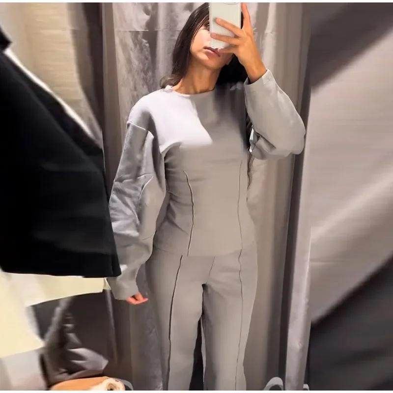 Autumn 2024 Women's Long Sleeve O-Neck Pleated Top & Wide Leg Pants Office Suit