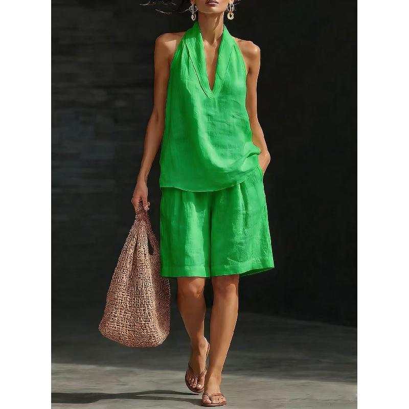Women's V-neck Vest Shorts Holiday Casual Two-piece Set